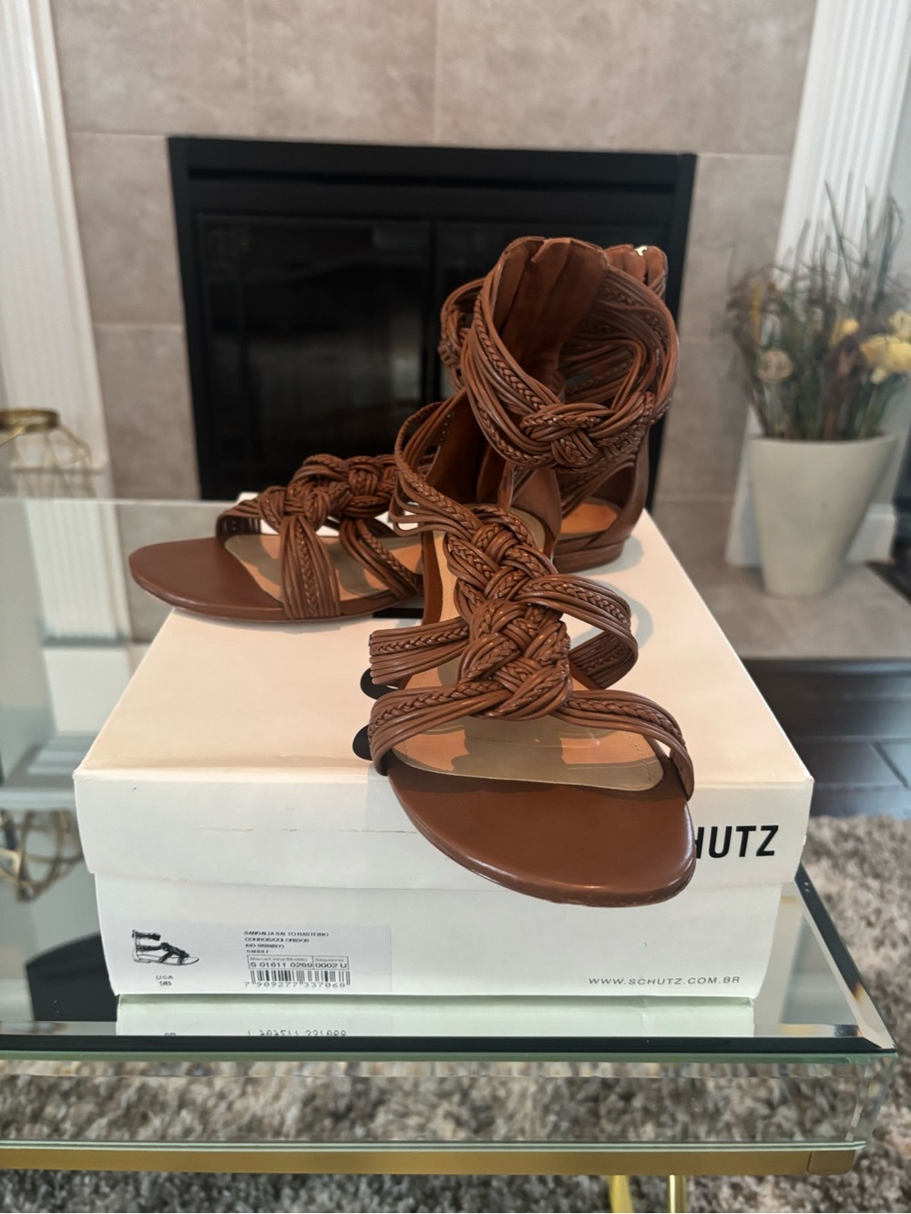 SCHUTZ Cognac Braided Leather Strappy Sandals
